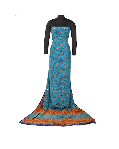 Sanskriti Vintage Sarees Blue Pure Crepe Silk Printed Sari 5Yd Soft Craft Fabric, PRC-19577-Blue-Printed Floral-Pure Crepe Silk-11