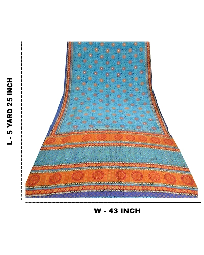 Sanskriti Vintage Sarees Blue Pure Crepe Silk Printed Sari 5Yd Soft Craft Fabric, PRC-19577-Blue-Printed Floral-Pure Crepe Silk-12