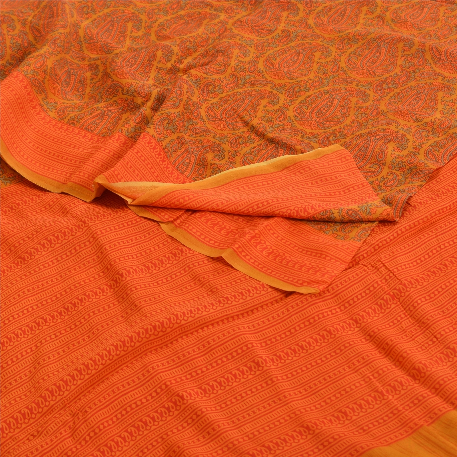 Sanskriti Vintage Sarees Orange Pure Crepe Silk Printed Sari Floral Craft Fabric, PRC-19587-Orange-Printed Floral-Pure Crepe Silk-1