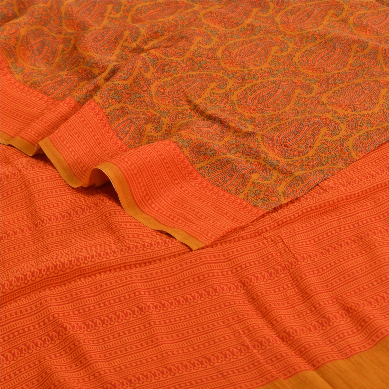 Sanskriti Vintage Sarees Orange Pure Crepe Silk Printed Sari Floral Craft Fabric, PRC-19587-Orange-Printed Floral-Pure Crepe Silk-2