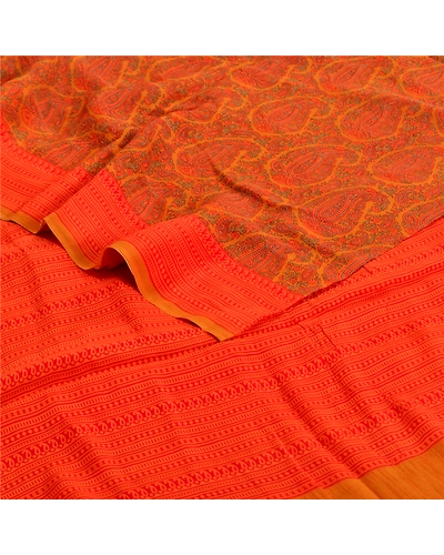 Sanskriti Vintage Sarees Orange Pure Crepe Silk Printed Sari Floral Craft Fabric, PRC-19587-Orange-Printed Floral-Pure Crepe Silk-2