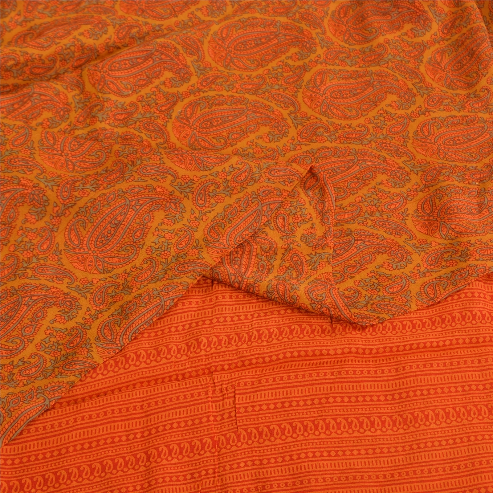 Sanskriti Vintage Sarees Orange Pure Crepe Silk Printed Sari Floral Craft Fabric, PRC-19587-Orange-Printed Floral-Pure Crepe Silk-3