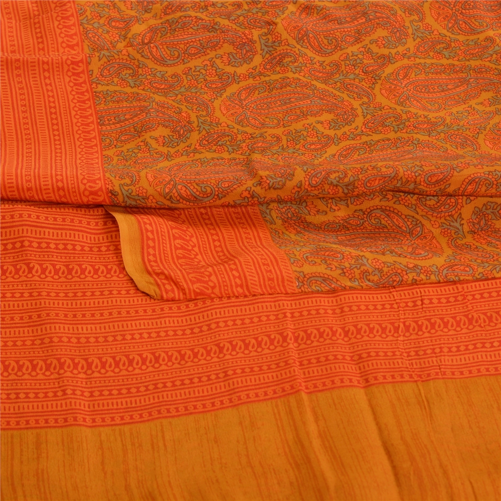 Sanskriti Vintage Sarees Orange Pure Crepe Silk Printed Sari Floral Craft Fabric, PRC-19587-Orange-Printed Floral-Pure Crepe Silk-4