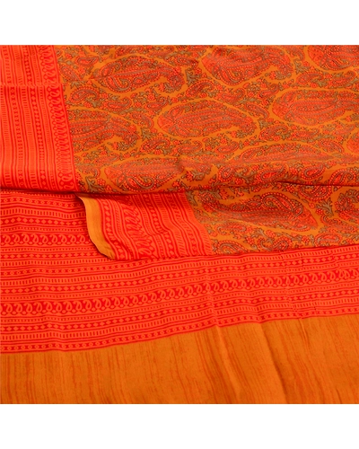 Sanskriti Vintage Sarees Orange Pure Crepe Silk Printed Sari Floral Craft Fabric, PRC-19587-Orange-Printed Floral-Pure Crepe Silk-4