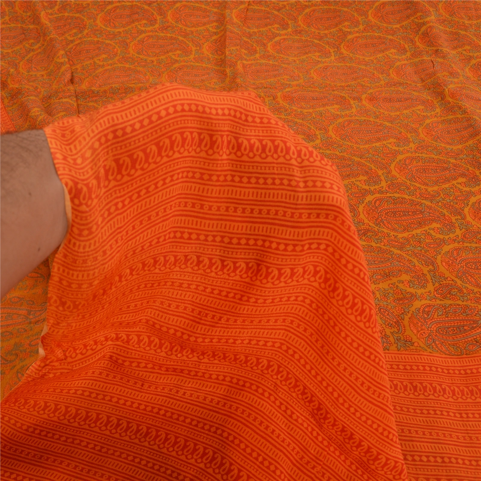 Sanskriti Vintage Sarees Orange Pure Crepe Silk Printed Sari Floral Craft Fabric, PRC-19587-Orange-Printed Floral-Pure Crepe Silk-5