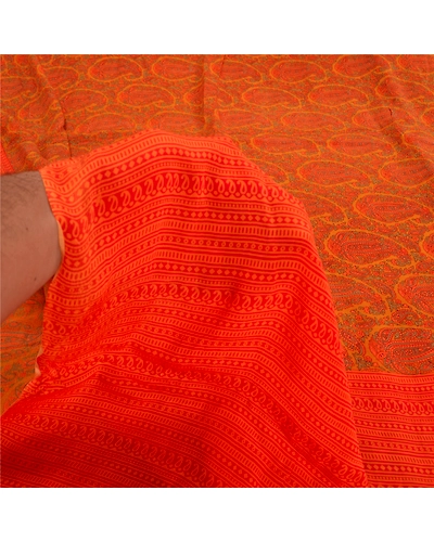 Sanskriti Vintage Sarees Orange Pure Crepe Silk Printed Sari Floral Craft Fabric, PRC-19587-Orange-Printed Floral-Pure Crepe Silk-5