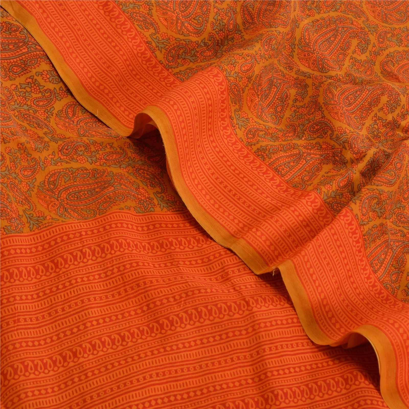 Sanskriti Vintage Sarees Orange Pure Crepe Silk Printed Sari Floral Craft Fabric, PRC-19587-Orange-Printed Floral-Pure Crepe Silk-7