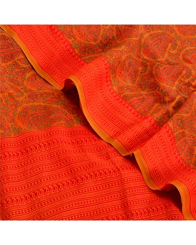 Sanskriti Vintage Sarees Orange Pure Crepe Silk Printed Sari Floral Craft Fabric, PRC-19587-Orange-Printed Floral-Pure Crepe Silk-7