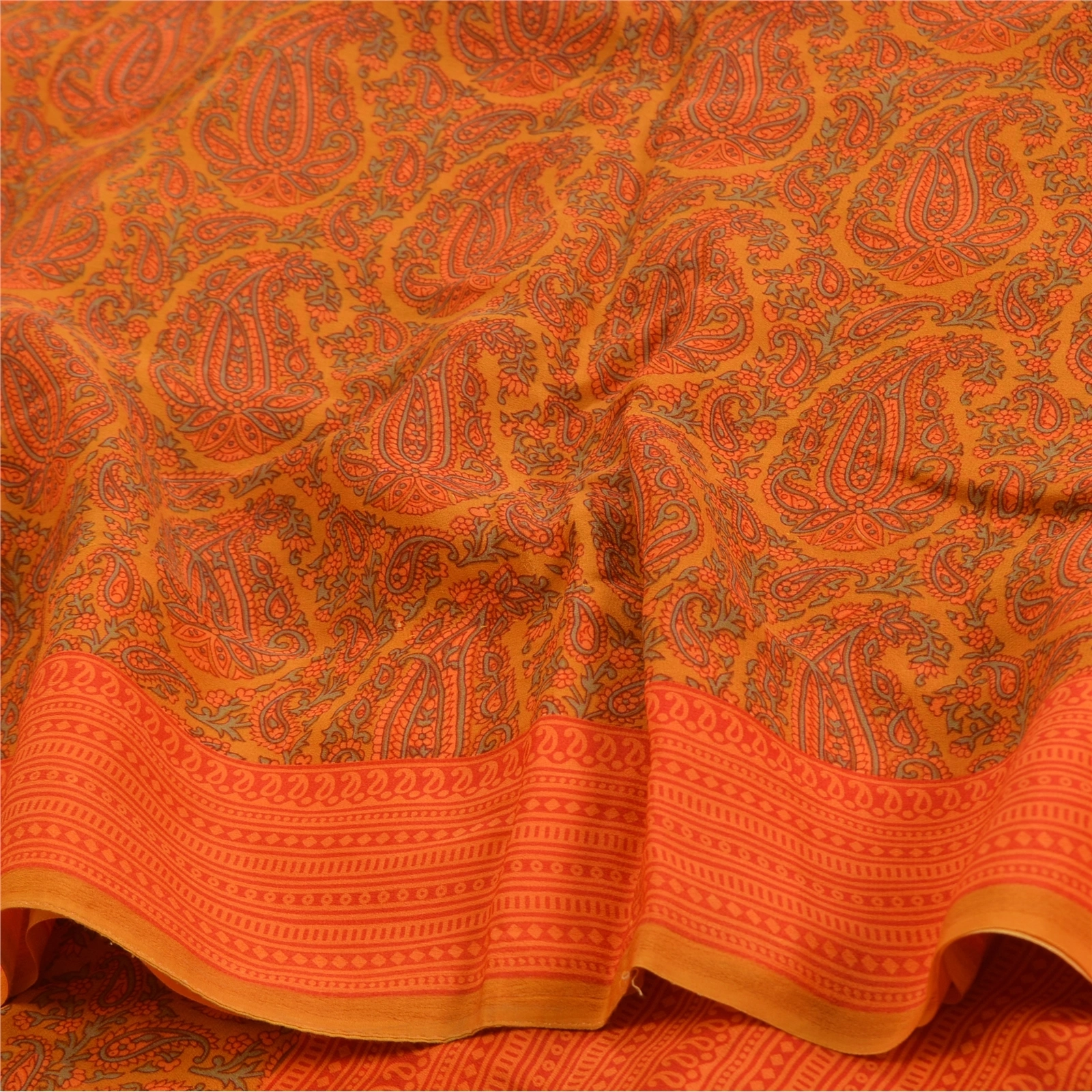 Sanskriti Vintage Sarees Orange Pure Crepe Silk Printed Sari Floral Craft Fabric, PRC-19587-Orange-Printed Floral-Pure Crepe Silk-8