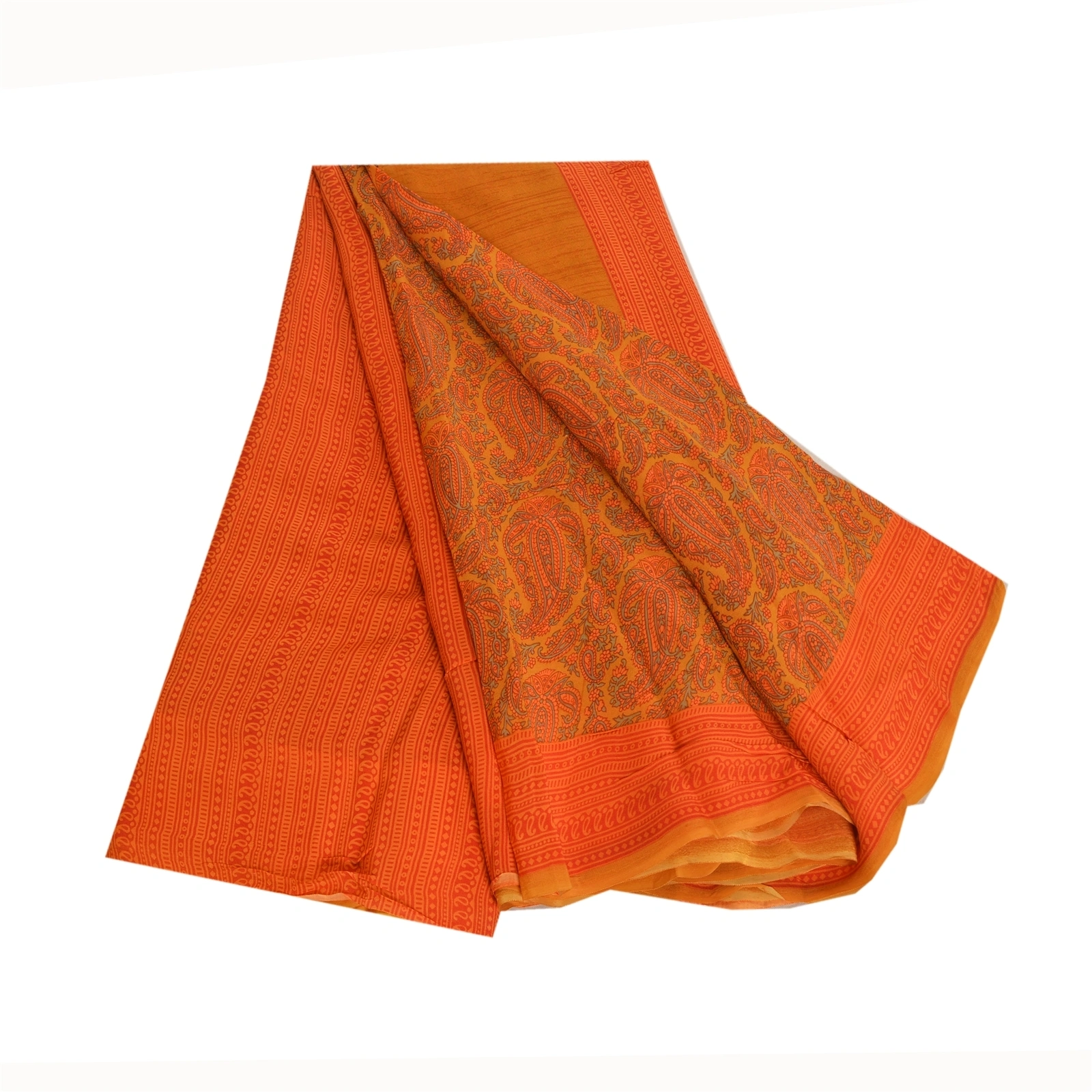 Sanskriti Vintage Sarees Orange Pure Crepe Silk Printed Sari Floral Craft Fabric, PRC-19587-Orange-Printed Floral-Pure Crepe Silk-9