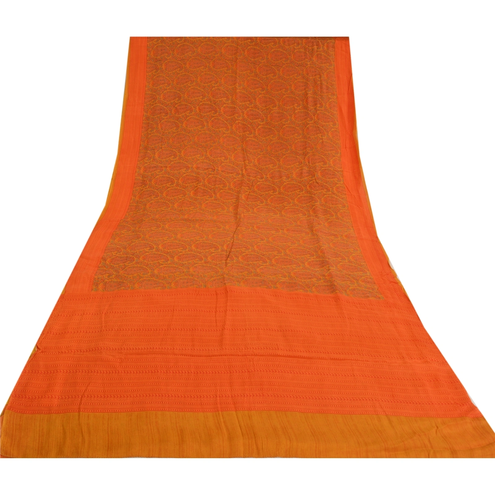 Sanskriti Vintage Sarees Orange Pure Crepe Silk Printed Sari Floral Craft Fabric, PRC-19587-Orange-Printed Floral-Pure Crepe Silk-10