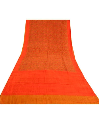 Sanskriti Vintage Sarees Orange Pure Crepe Silk Printed Sari Floral Craft Fabric, PRC-19587-Orange-Printed Floral-Pure Crepe Silk-10