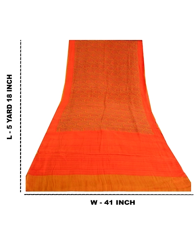 Sanskriti Vintage Sarees Orange Pure Crepe Silk Printed Sari Floral Craft Fabric, PRC-19587-Orange-Printed Floral-Pure Crepe Silk-12
