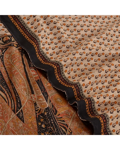 Sanskriti Vintage Sarees Cream Pure Crepe Silk Printed Sari Floral Craft Fabric, PRC-19589-Cream-Printed Floral Design-Pure Crepe Silk-7