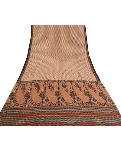 Sanskriti Vintage Sarees Cream Pure Crepe Silk Printed Sari Floral Craft Fabric, PRC-19589-Cream-Printed Floral Design-Pure Crepe Silk-10
