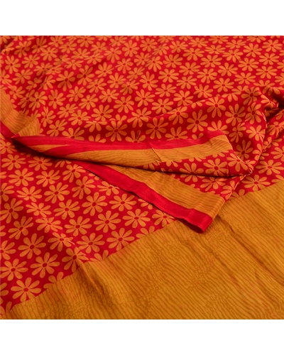 Sanskriti Vintage Sarees Red Pure Crepe Silk Printed Sari Floral Craft Fabric, PRC-19590-Red-Printed Floral Design-Pure Crepe Silk-1