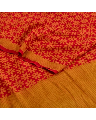 Sanskriti Vintage Sarees Red Pure Crepe Silk Printed Sari Floral Craft Fabric, PRC-19590-Red-Printed Floral Design-Pure Crepe Silk-2