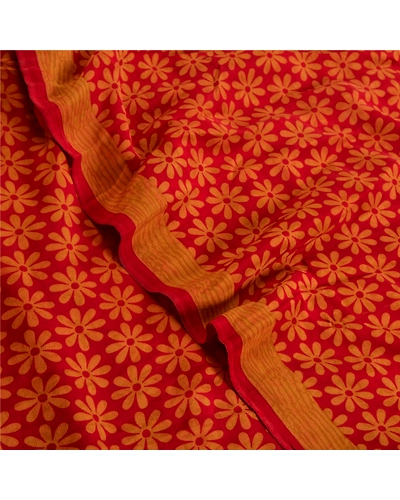 Sanskriti Vintage Sarees Red Pure Crepe Silk Printed Sari Floral Craft Fabric, PRC-19590-Red-Printed Floral Design-Pure Crepe Silk-5
