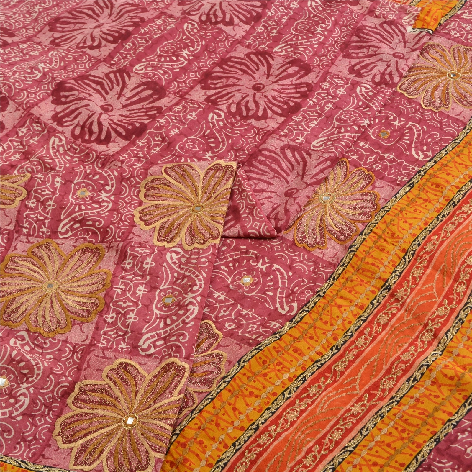 Sanskriti Vintage Sarees Dusty Pink Embroidery Pure Crepe Silk Print Sari Fabric, PRC-19606-Dusty Pink-Printed Floral Design-Pure Crepe Silk-3