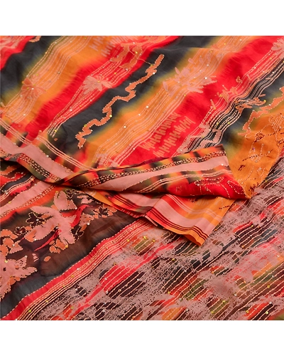 Sanskriti Vintage Red Sarees Pure Crepe Silk Handmade Kantha Sari Craft Fabric, PRC-19636-Red-Printed Floral-Pure Crepe Silk-1