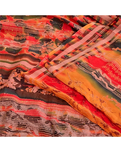 Sanskriti Vintage Red Sarees Pure Crepe Silk Handmade Kantha Sari Craft Fabric, PRC-19636-Red-Printed Floral-Pure Crepe Silk-4