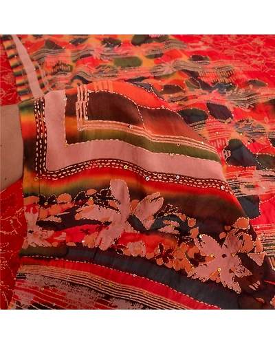 Sanskriti Vintage Red Sarees Pure Crepe Silk Handmade Kantha Sari Craft Fabric, PRC-19636-Red-Printed Floral-Pure Crepe Silk-5