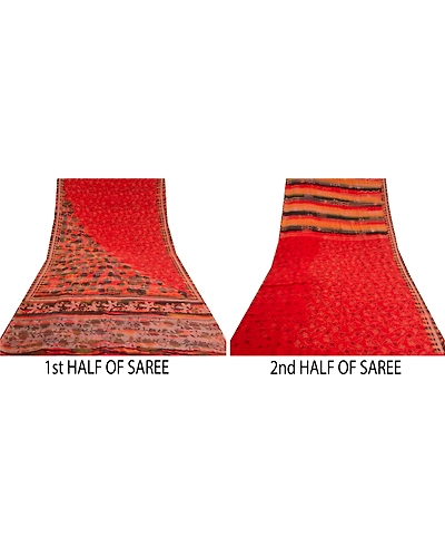 Sanskriti Vintage Red Sarees Pure Crepe Silk Handmade Kantha Sari Craft Fabric, PRC-19636-Red-Printed Floral-Pure Crepe Silk-6