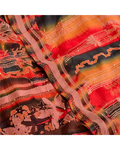 Sanskriti Vintage Red Sarees Pure Crepe Silk Handmade Kantha Sari Craft Fabric, PRC-19636-Red-Printed Floral-Pure Crepe Silk-7