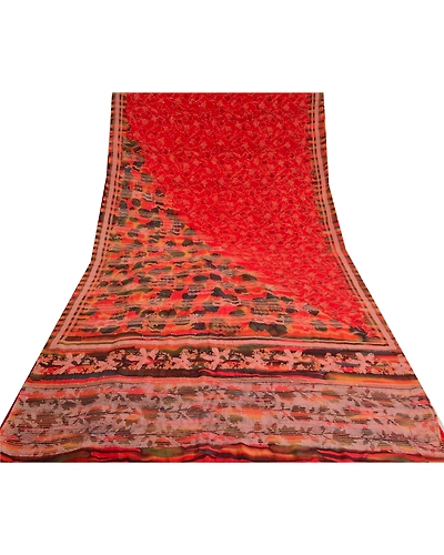 Sanskriti Vintage Red Sarees Pure Crepe Silk Handmade Kantha Sari Craft Fabric, PRC-19636-Red-Printed Floral-Pure Crepe Silk-10