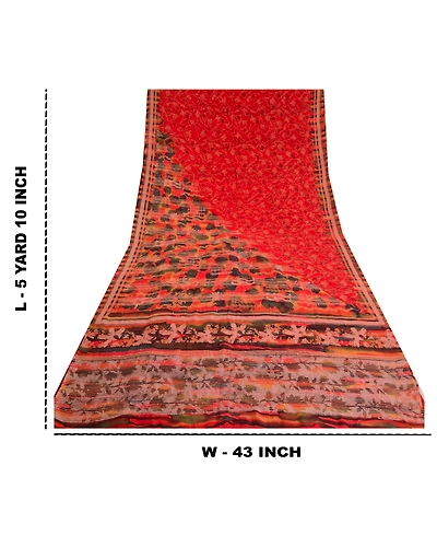 Sanskriti Vintage Red Sarees Pure Crepe Silk Handmade Kantha Sari Craft Fabric, PRC-19636-Red-Printed Floral-Pure Crepe Silk-11