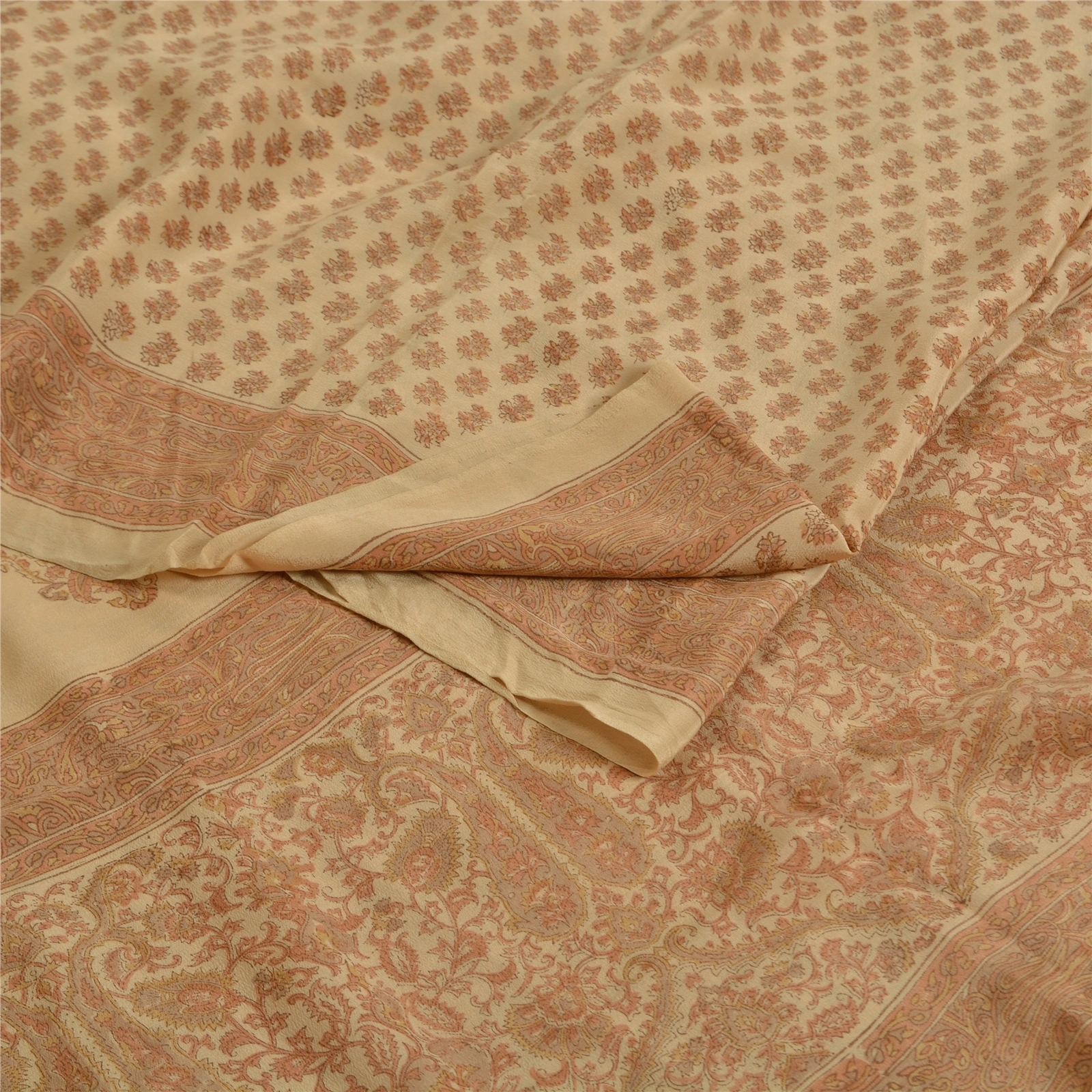 Sanskriti Vintage Ivory Indian Sarees Pure Crepe Silk Printed Sari Craft Fabric, PRC-19647-Ivory-Printed Floral-Pure Crepe Silk-1