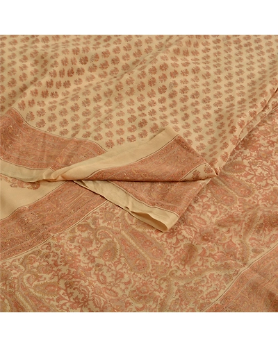 Sanskriti Vintage Ivory Indian Sarees Pure Crepe Silk Printed Sari Craft Fabric, PRC-19647-Ivory-Printed Floral-Pure Crepe Silk-1