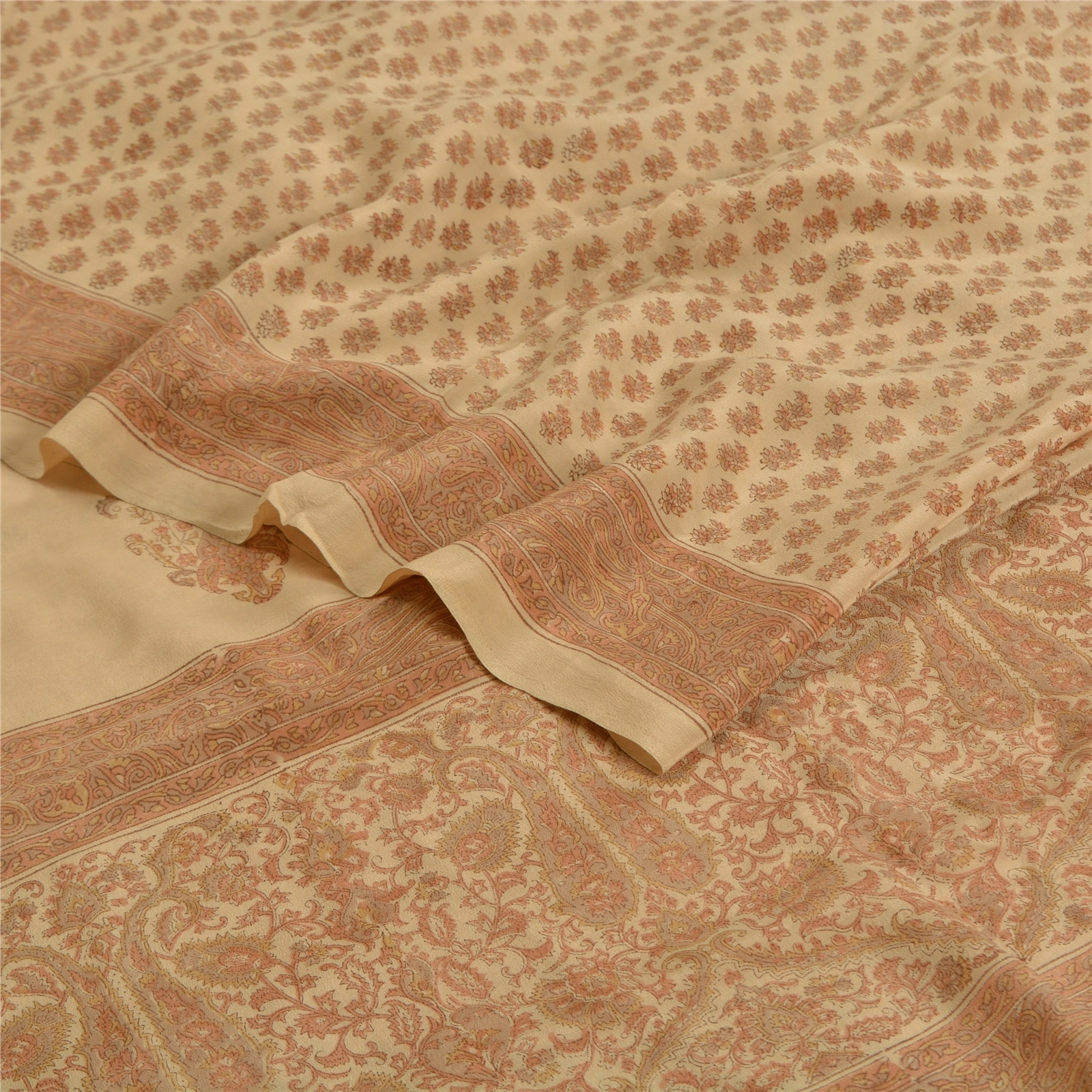 Sanskriti Vintage Ivory Indian Sarees Pure Crepe Silk Printed Sari Craft Fabric, PRC-19647-Ivory-Printed Floral-Pure Crepe Silk-2