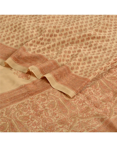 Sanskriti Vintage Ivory Indian Sarees Pure Crepe Silk Printed Sari Craft Fabric, PRC-19647-Ivory-Printed Floral-Pure Crepe Silk-2