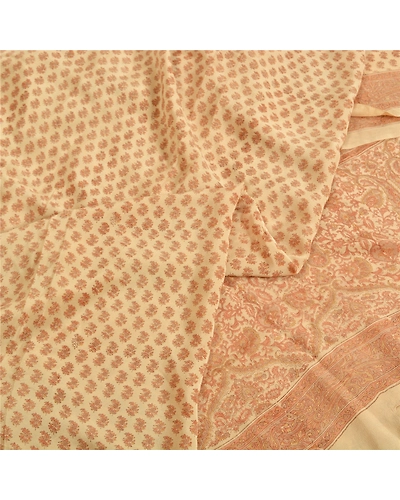 Sanskriti Vintage Ivory Indian Sarees Pure Crepe Silk Printed Sari Craft Fabric, PRC-19647-Ivory-Printed Floral-Pure Crepe Silk-3