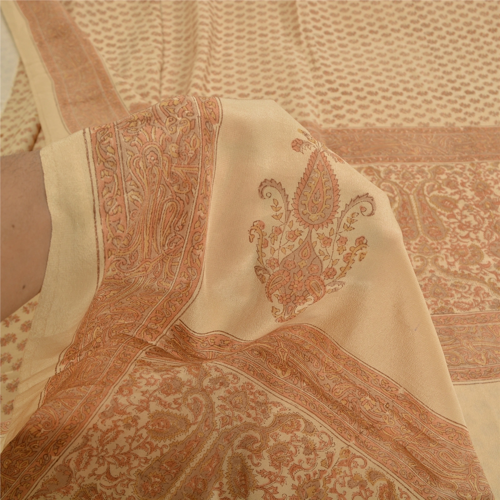 Sanskriti Vintage Ivory Indian Sarees Pure Crepe Silk Printed Sari Craft Fabric, PRC-19647-Ivory-Printed Floral-Pure Crepe Silk-5