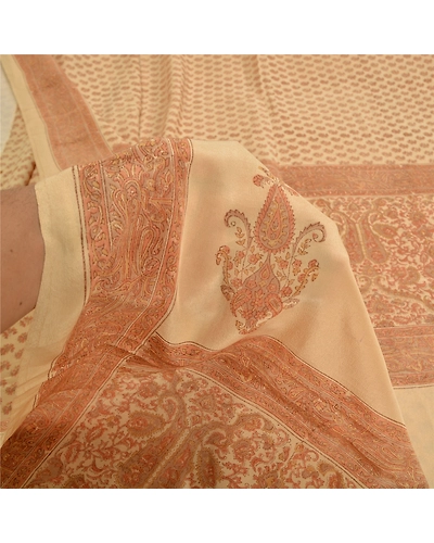 Sanskriti Vintage Ivory Indian Sarees Pure Crepe Silk Printed Sari Craft Fabric, PRC-19647-Ivory-Printed Floral-Pure Crepe Silk-5