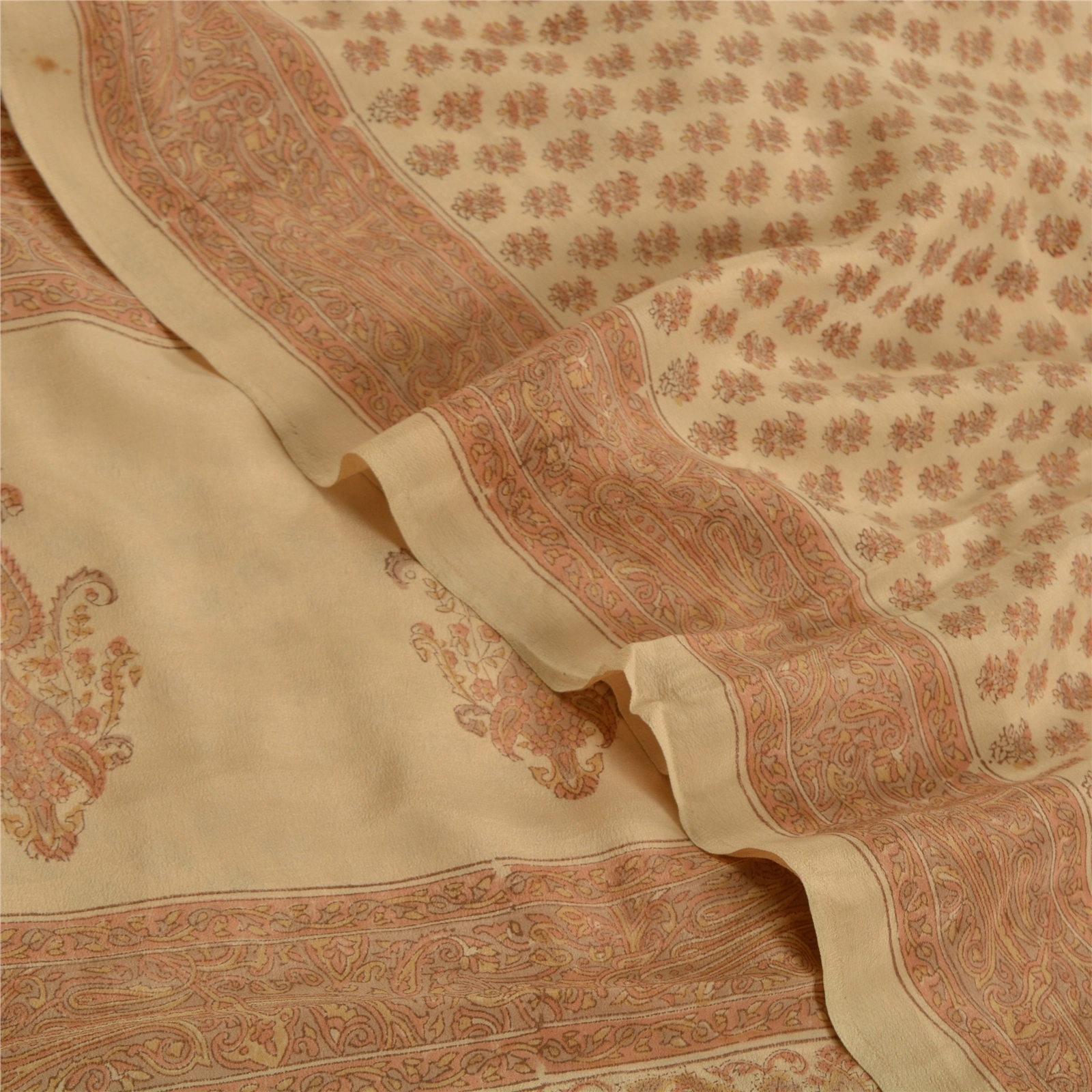 Sanskriti Vintage Ivory Indian Sarees Pure Crepe Silk Printed Sari Craft Fabric, PRC-19647-Ivory-Printed Floral-Pure Crepe Silk-7