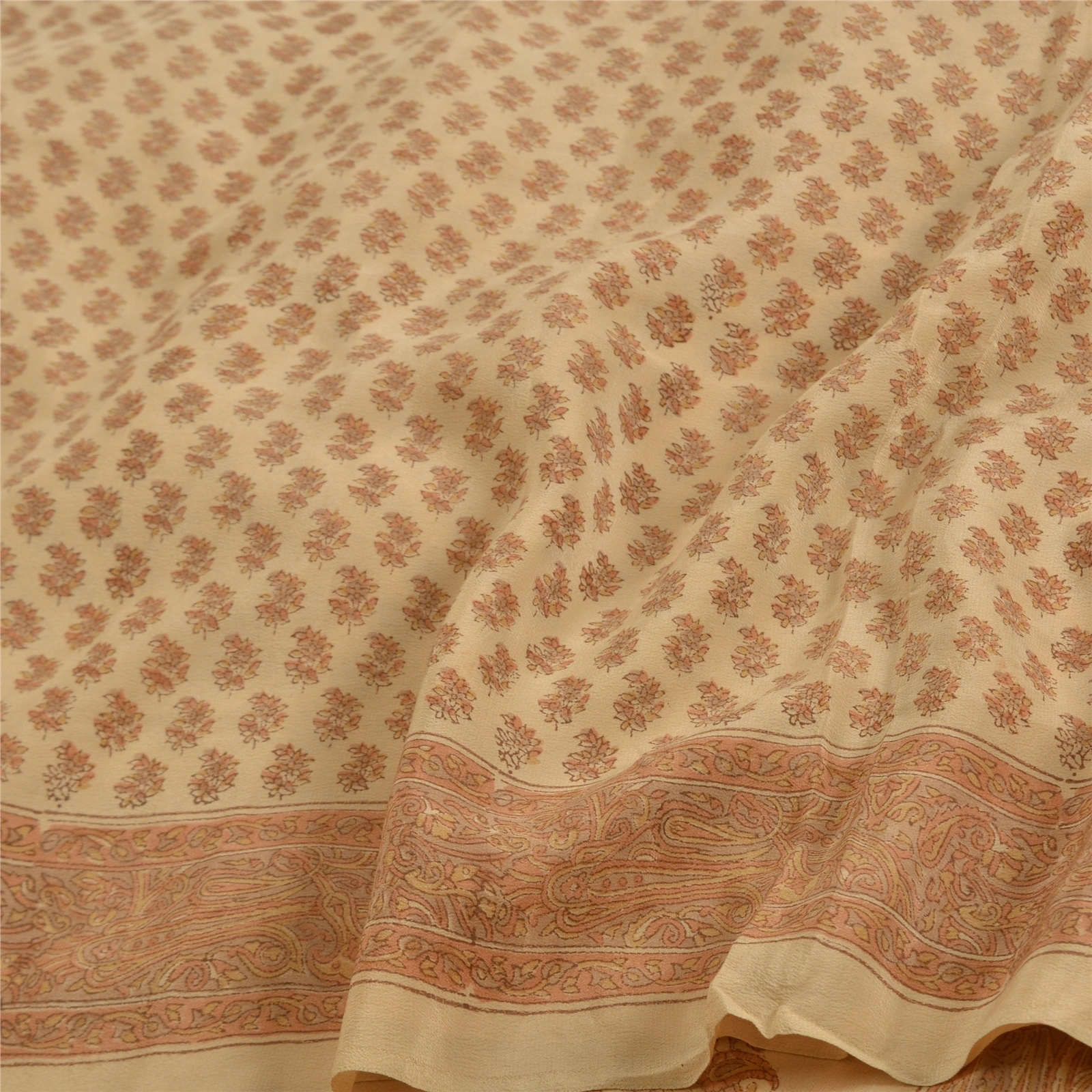 Sanskriti Vintage Ivory Indian Sarees Pure Crepe Silk Printed Sari Craft Fabric, PRC-19647-Ivory-Printed Floral-Pure Crepe Silk-8