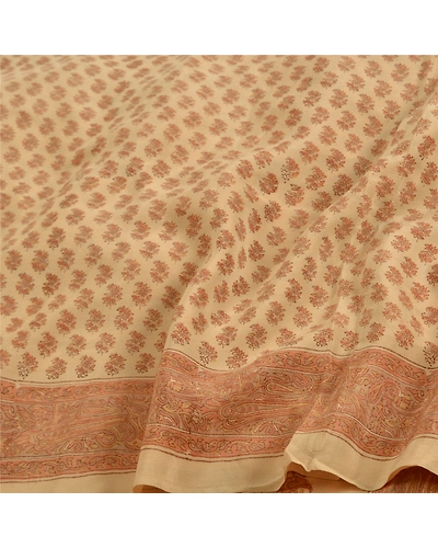 Sanskriti Vintage Ivory Indian Sarees Pure Crepe Silk Printed Sari Craft Fabric, PRC-19647-Ivory-Printed Floral-Pure Crepe Silk-8