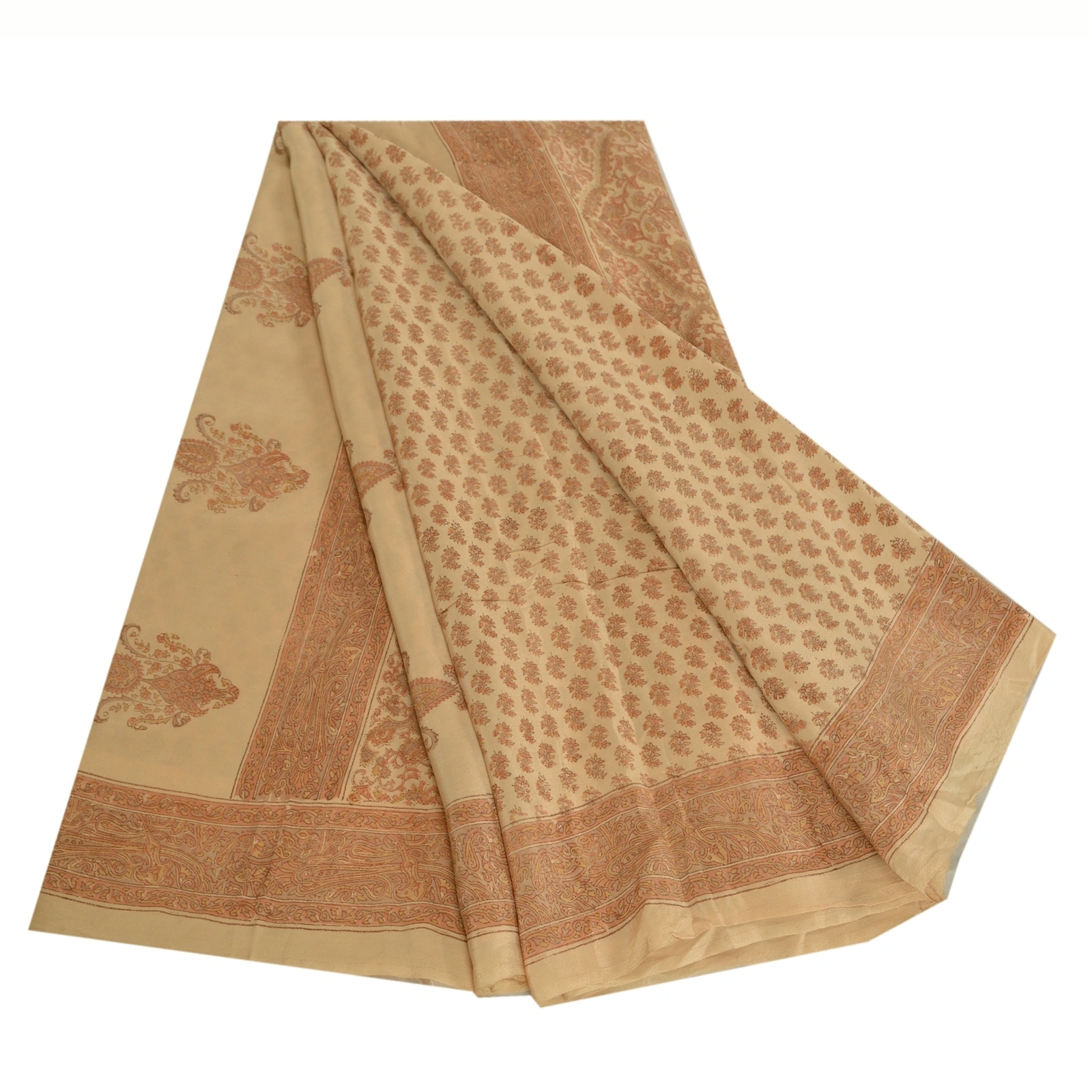 Sanskriti Vintage Ivory Indian Sarees Pure Crepe Silk Printed Sari Craft Fabric, PRC-19647-Ivory-Printed Floral-Pure Crepe Silk-9