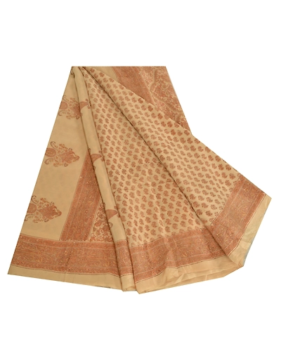 Sanskriti Vintage Ivory Indian Sarees Pure Crepe Silk Printed Sari Craft Fabric, PRC-19647-Ivory-Printed Floral-Pure Crepe Silk-9