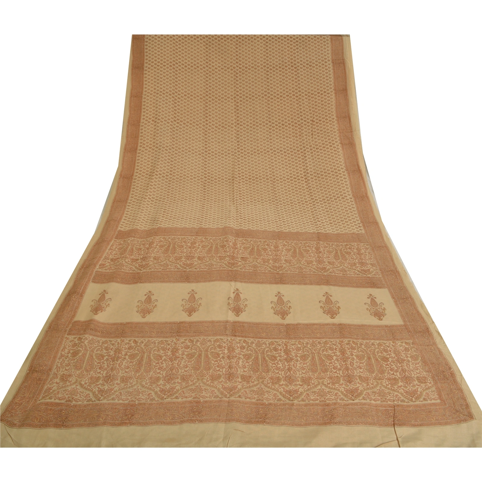 Sanskriti Vintage Ivory Indian Sarees Pure Crepe Silk Printed Sari Craft Fabric, PRC-19647-Ivory-Printed Floral-Pure Crepe Silk-10