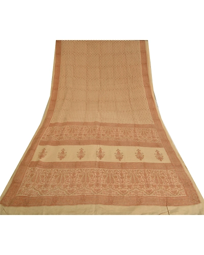 Sanskriti Vintage Ivory Indian Sarees Pure Crepe Silk Printed Sari Craft Fabric, PRC-19647-Ivory-Printed Floral-Pure Crepe Silk-10