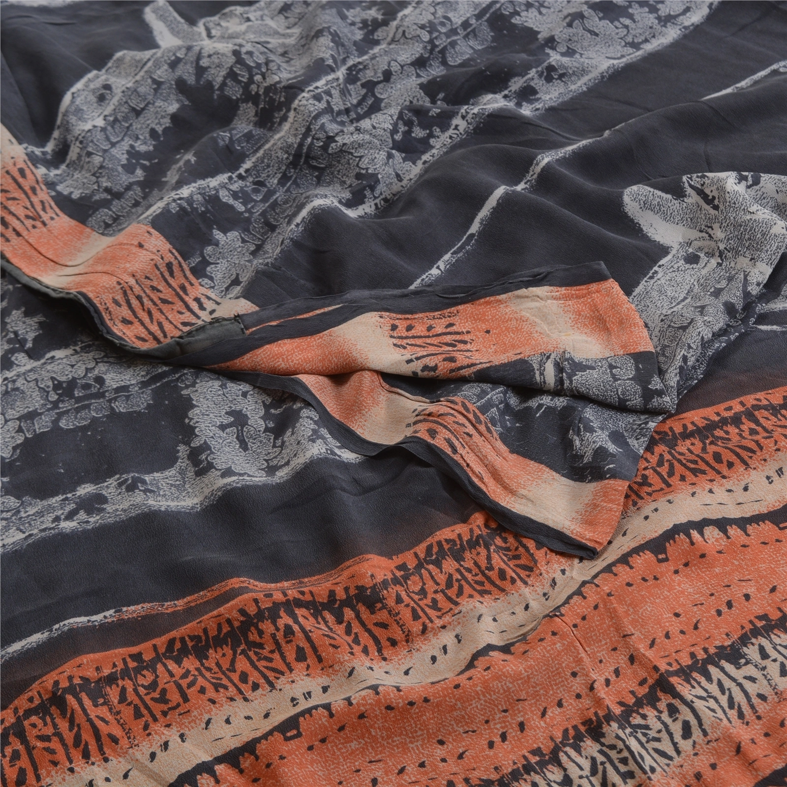 Sanskriti Vintage Greyish Black Sarees Pure Crepe Silk Printed Sari Craft Fabric, PRC-19660-Greyish Black-Printed Floral-Pure Crepe Silk-1