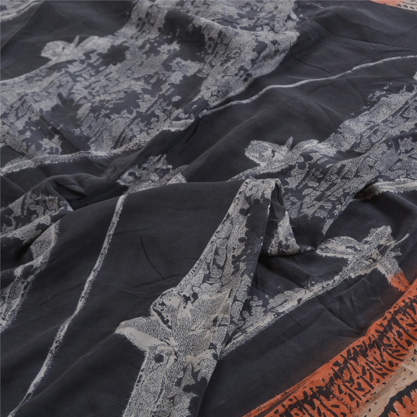 Sanskriti Vintage Greyish Black Sarees Pure Crepe Silk Printed Sari Craft Fabric, PRC-19660-Greyish Black-Printed Floral-Pure Crepe Silk-3