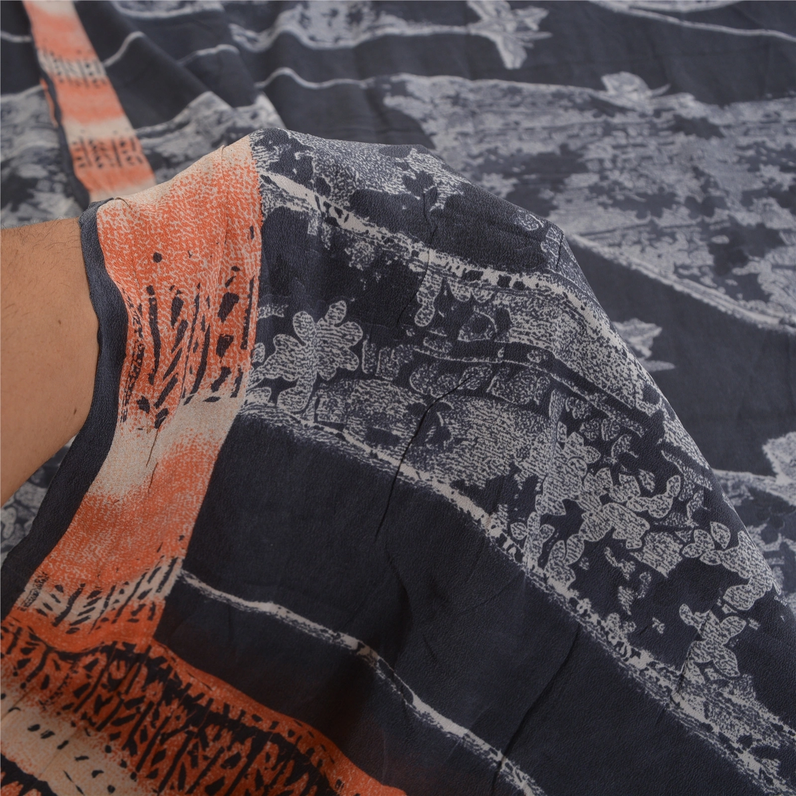 Sanskriti Vintage Greyish Black Sarees Pure Crepe Silk Printed Sari Craft Fabric, PRC-19660-Greyish Black-Printed Floral-Pure Crepe Silk-5