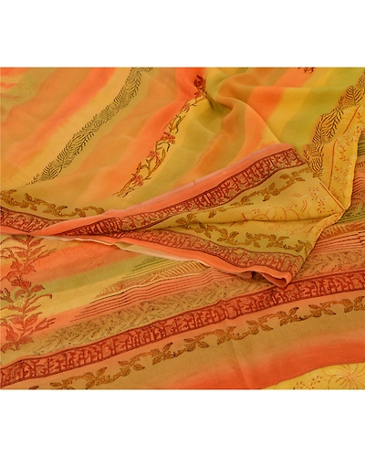 Sanskriti Vintage Yellow Sarees Pure Crepe Silk Printed Sari Craft 5 Yard Fabric, PRC-2070-Yellow-Printed Work With Floral Design-Pure Crepe Silk-1