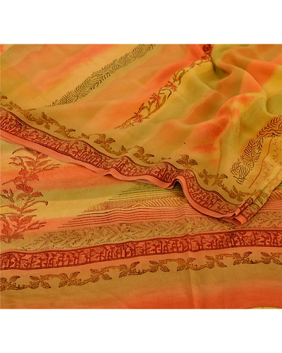 Sanskriti Vintage Yellow Sarees Pure Crepe Silk Printed Sari Craft 5 Yard Fabric, PRC-2070-Yellow-Printed Work With Floral Design-Pure Crepe Silk-2