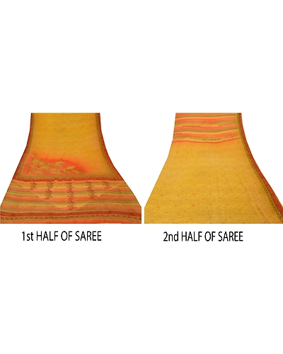 Sanskriti Vintage Yellow Sarees Pure Crepe Silk Printed Sari Craft 5 Yard Fabric, PRC-2070-Yellow-Printed Work With Floral Design-Pure Crepe Silk-3